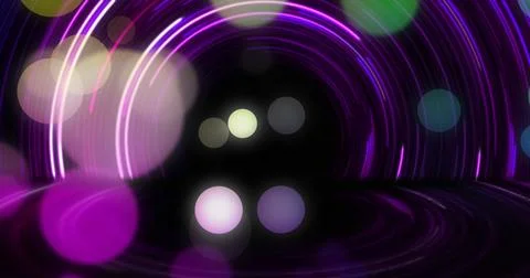 Image of neon spots moving over blue spiral Ilustração Stock