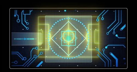 Image of neon stadium over data processing and scope scanning on black 스톡 일러스트