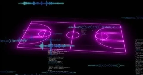 Image of neon stadium over data processing on black background Stock Photos