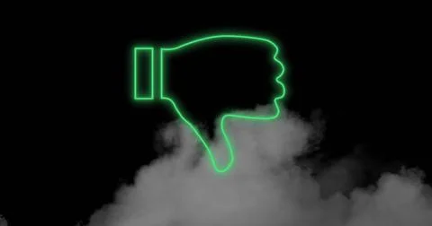 Image of neon thumbs down icon flickering over smoke on black background Stock Illustration