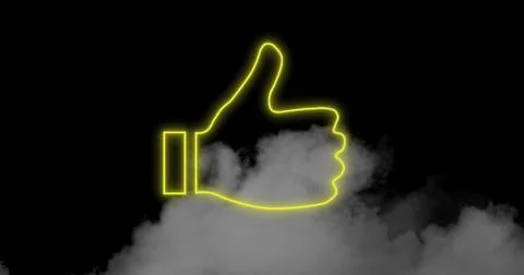 Image of neon thumbs up icon flickering over smoke and black background Stock Illustration