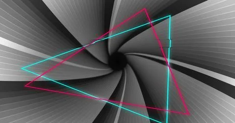 Image of neon traingles over grey patterned background Stock Illustration
