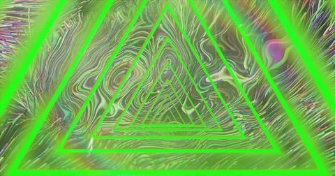 Image of neon triangles over colourful liquid background 库存照片