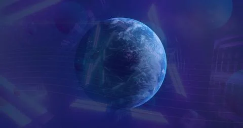 Image of neon triangles spinning over earth globe and outer space Stock Illustration