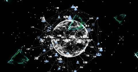 Image of neon triangular shapes over globe of network of connections against Stock Photos