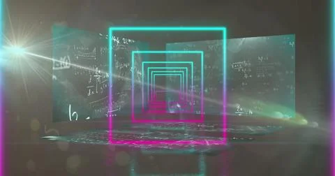 Image of neon tunnel in seamless pattern over multiple screens with mathema.. Stock Photos