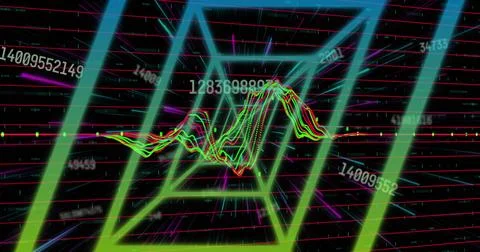 Image of neon tunnel in seamless pattern against changing numbers and data Foto stock