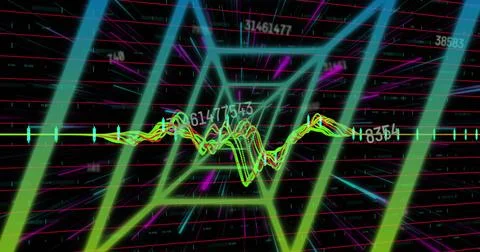 Image of neon tunnel in seamless pattern against changing numbers and data 库存照片