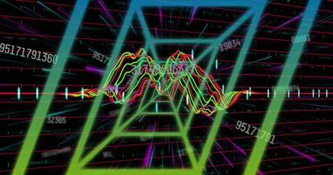 Image of neon tunnel in seamless pattern against changing numbers and data 库存照片