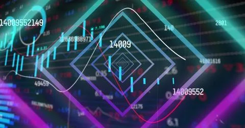 Image of neon tunnel in seamless pattern over changing numbers and stock market Stock Photos