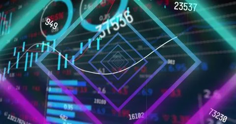 Image of neon tunnel in seamless pattern over changing numbers and stock market Stock Photos