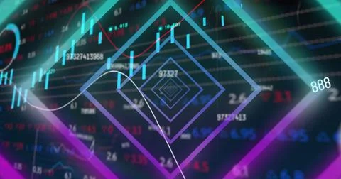 Image of neon tunnel in seamless pattern over changing numbers and stock market Stock Photos