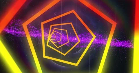 Image of neon tunnel in seamless pattern over purple digital wave against black Stock Photos