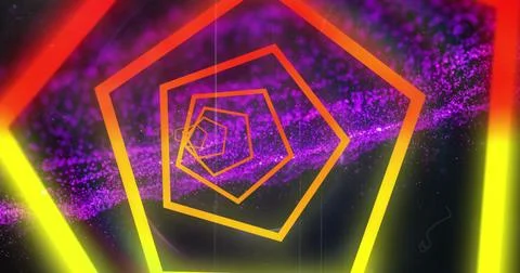 Image of neon tunnel in seamless pattern over purple digital wave against black Foto stock