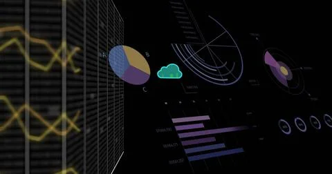 Image of network and charts processing data with green cloud icons on black Stock Illustration