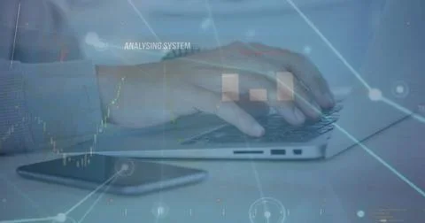 Image of network and charts processing data over hands of caucasian man using Stock Photos
