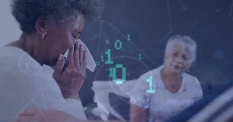 Image of network and data processing over diverse senior women in group therapy Stock Photos