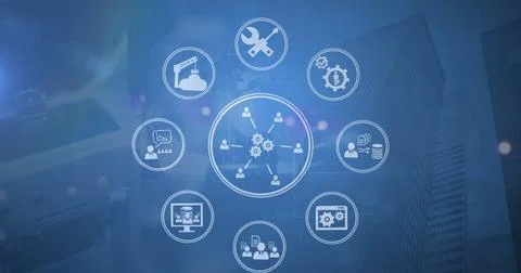 Image of network of business and work icons and cogs on blue background Stock Photos