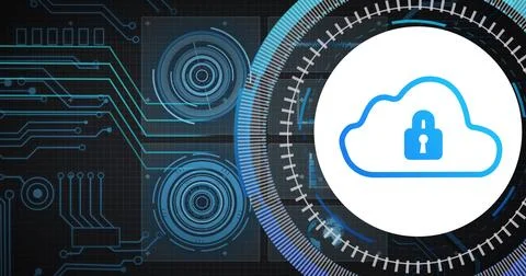 Image of network, charts processing data and scanner with padlock cloud icon Stock Illustration