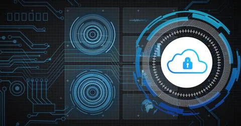 Image of network, charts processing data and scanner with padlock cloud icon Stock Illustration