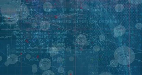 Image of network of communication icons and data processing on blue background Stock Photos