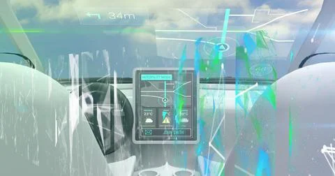 Image of network of connection and data processing over dashboard in self drive Illustrazione stock