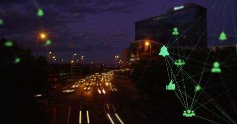 Image of network of connection and icons over cityscape Stock Photos