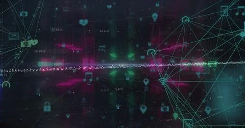 Image of network of connection and neon lights moving on black background Stock Photos