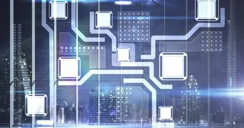 Image of network of connection with digital icons over cityscape Ilustração Stock