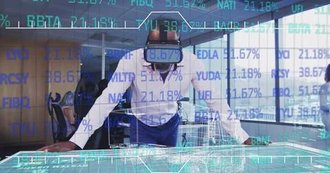 Image of network of connection with interface icons over woman using smartphone 스톡 사진