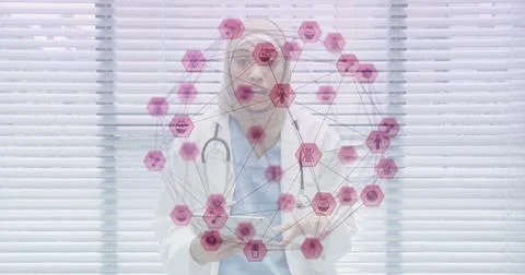 Image of network of connection with interface medical icons forming a globe over Stock Photos