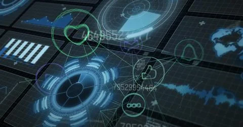 Image of network of connection over data processing digital screens 写真素材