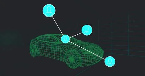 Image of network of connections 3d car model over grid on black background Foto stock