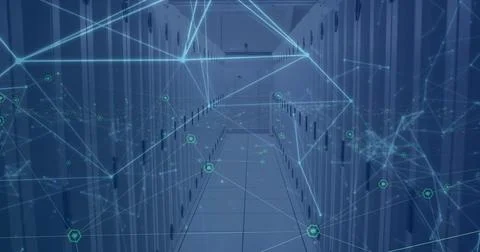 Image of network of connections against empty computer server room Stock Photos