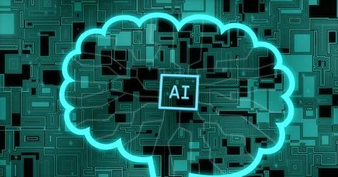 Image of network of connections with ai text over green shapes 写真素材
