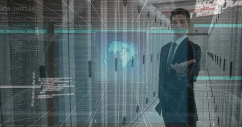 Image of network of connections and binary coding and data processing over Stock Photos