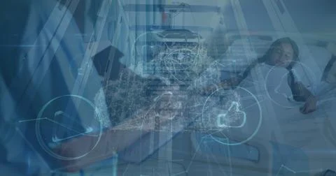 Image of network of connections and cloud icon over diverse doctor and patient Foto stock