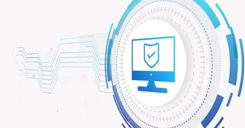 Image of network of connections and computer with shield on white background 스톡 일러스트