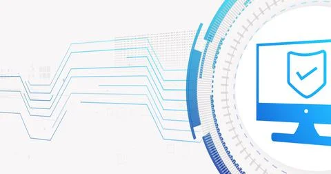 Image of network of connections and computer with shield on white background Stock Illustration