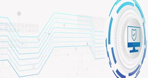 Image of network of connections and computer with shield on white background Illustrazione stock