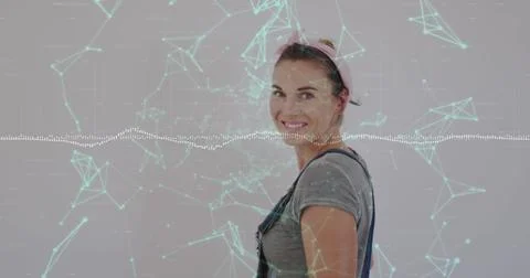 Image of network of connections and data processing over caucasian woman Stock Illustration