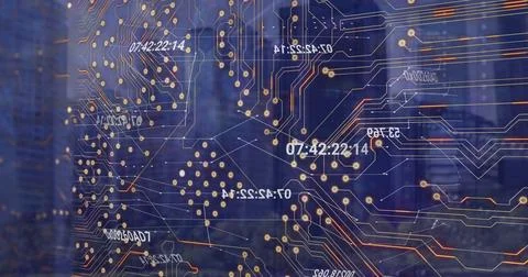 Image of network of connections and data processing over server room Illustrazione stock