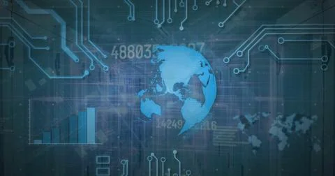 Image of network of connections and data processing with globe over server room Illustrazione stock
