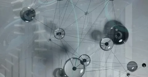 Image of network of connections and data processing over grey background Stockillustratie