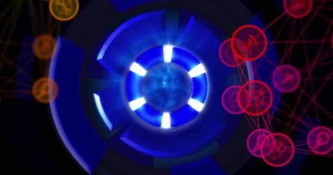 Image of network of connections and data processing over scope scanning Illustrazione stock