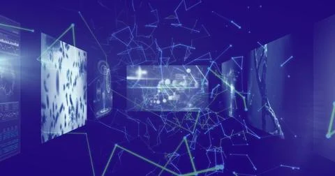 Image of network of connections and data processing over blue background Illustrazione stock