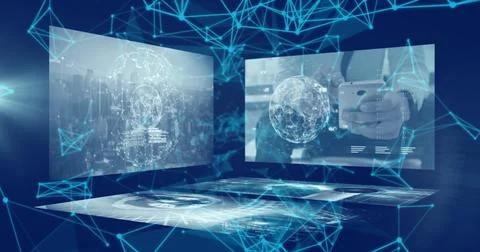 Image of network of connections and data processing over blue background Stock Illustration