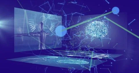 Image of network of connections and data processing over blue background Stockillustratie