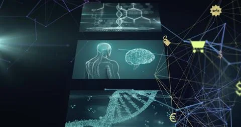 Image of network of connections and data processing over black background Stockillustratie