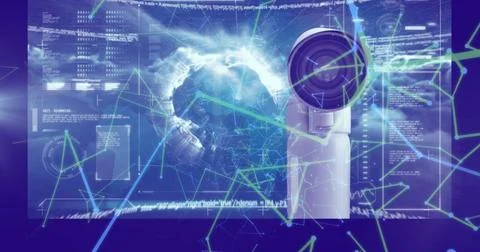 Image of network of connections and data processing over blue background Illustrazione stock